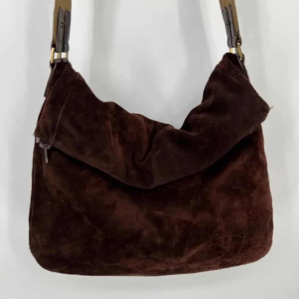 Vtg Lauren Ralph Lauren Hobo Bag Chocolate Brown Suede Leather Shoulder Purse